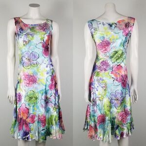 Komarov Blue Green Satin Floral Aquarium Plisse Travel Midi Dress Size Small NWT